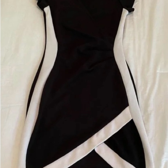 Almost Famous Black and White Asymmetrical Bodycon Dress - Picture 2 of 5